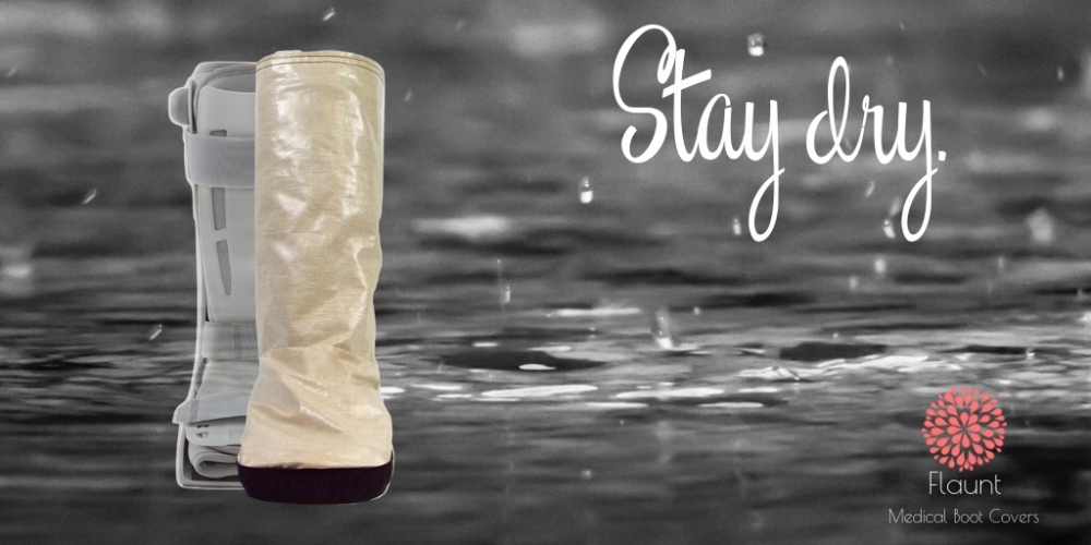 Tip for recovering from ankle injury to cover your medical boot with water resistant cover to stay dry